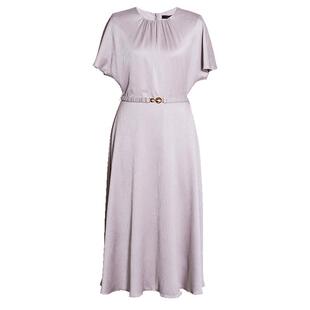 罗衣优雅收腰缎面连衣裙女夏季气质淡紫色系带修身大摆裙子10340