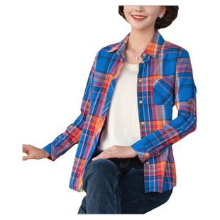 富木春秋蓝色格子衬衫红格纯棉长袖女士妈妈装衬衣上衣ZH-168E8