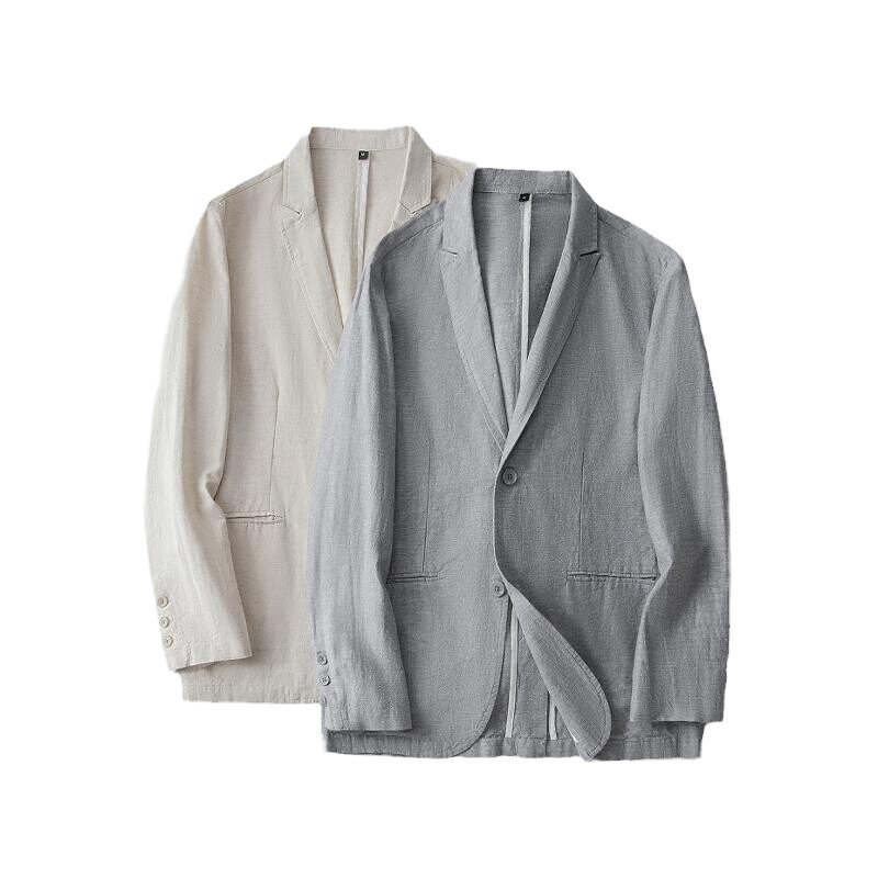 亚麻西服套装男薄款春秋麻料两件西服套装