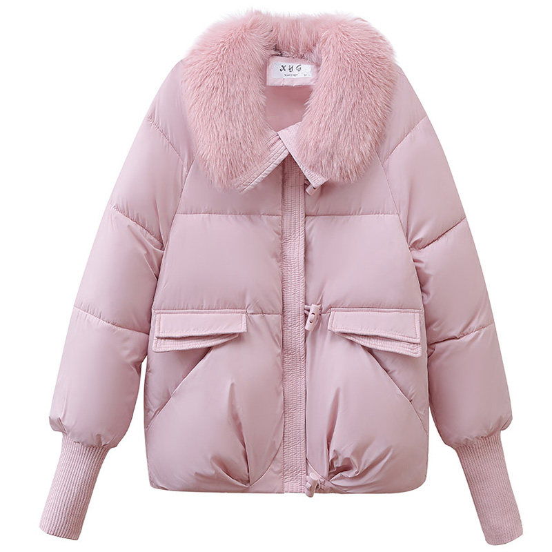 大毛翻领新年短款羽绒棉衣女装精品冬季宽松韩版厚面包服棉袄外套