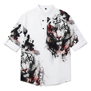 Printed standing collar half buttoned shirt印花立领系扣衬衫