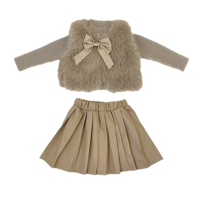 女童时尚小香风仿皮草皮裙三件套