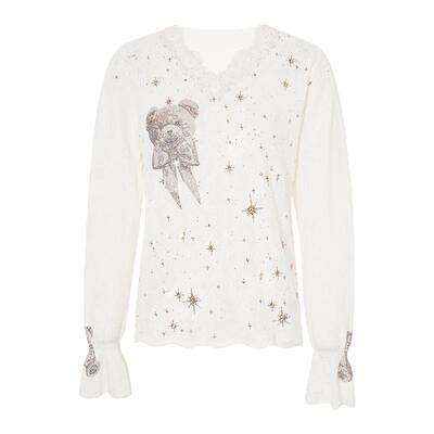 TCH私服25秋冬新款慵懒风烫钻时尚气质蕾丝边针织衫女T75D09E1052