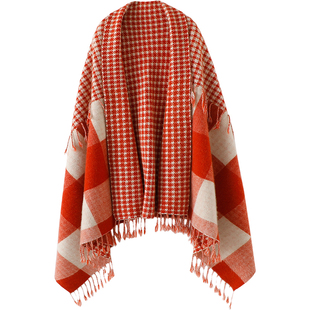 迷人的气质！千鸟格子拼接流苏羊绒大披肩女纯羊绒围巾披风毯子厚