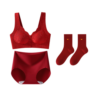 古今本命年红色内衣套装女前扣聚拢防下垂中老年新中式浮雕文胸罩