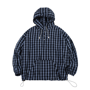 NOEARS秋季复古藏青格子宽松连帽长袖卫衣日系袋鼠兜宽松格纹外套