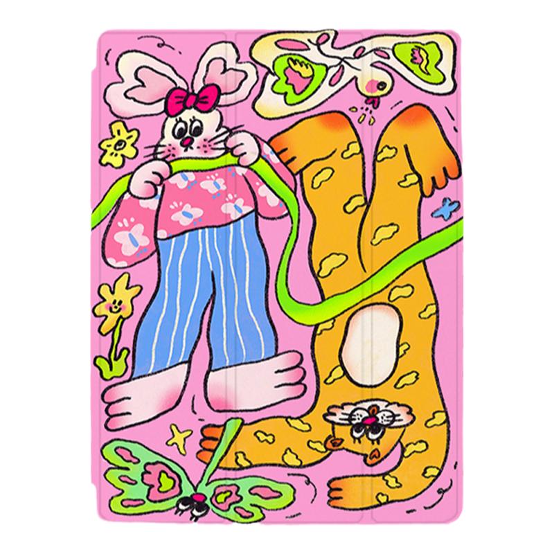 LUCKY BUDDY原创插画iPad保护壳玫红色粉粉兔兔苹果三折旋转亚克力笔槽pro112.9寸air6510.9磁吸