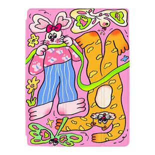 LUCKY BUDDY原创插画iPad保护壳玫红色粉粉兔兔苹果三折旋转亚克力笔槽pro112.9寸air6510.9磁吸多角度平板套