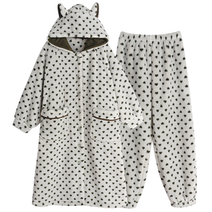 冬季睡袍女连帽珊瑚绒加厚睡衣可单穿外套长款韩版爱心家居服套装