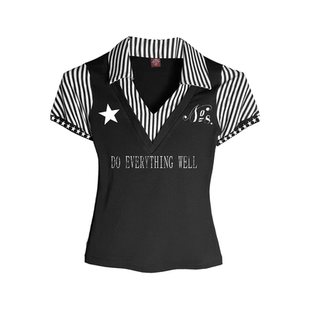 DETW 25ss*原创条纹V领千禧POLO衫假两件短款正肩收腰上衣辣妹女