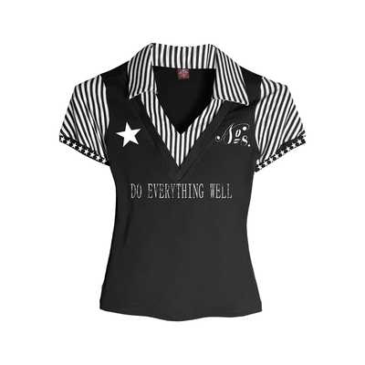 DETW条纹V领拼接POLO衫短袖辣妹