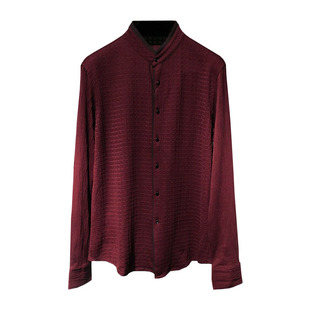 凯文凯利热卖秋冬衬衣男商务立领时尚格子酒红色含桑蚕丝针织t恤