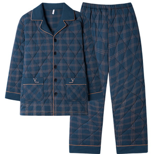 芬腾可男士睡衣秋冬款纯棉夹棉三层加厚棉袄加肥加大码爸爸家居服