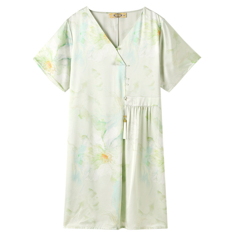 美标新款短袖真丝睡裙女夏100%桑蚕丝玻尿酸凉感丝绸中国风家居服