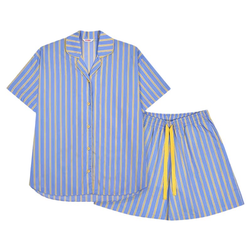 Ullala纯棉条纹女夏短袖睡衣套装