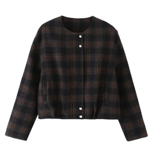 艾格韩系圆领短款毛呢外套女2025秋季新款时尚宽松格子羊毛呢大衣