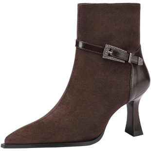 木林森高跟短靴女2025秋冬新款女鞋尖头靴子气质瘦瘦靴黑色弹力靴