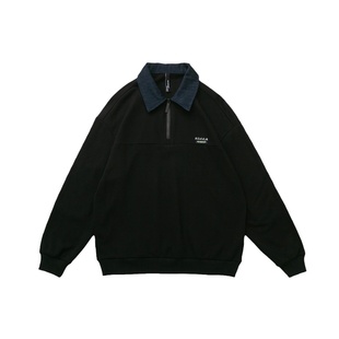 wtmp日系复古拼接牛仔领半拉链刺绣卫衣男女潮牌宽松休闲翻领上衣