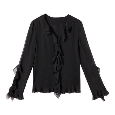 朗姿欧洲EiLEEN ELITEE2025年夏新款黑色衬衣上衣荷叶边雪纺衬衫