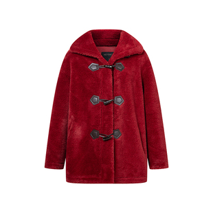 HeyDress红色环保皮毛一体外套女冬季复古宽松保暖仿羊羔毛大衣