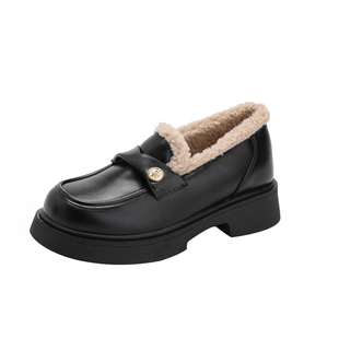 真皮加绒乐福鞋女厚底一脚蹬通勤小皮鞋隐形增高保暖棉鞋小码32