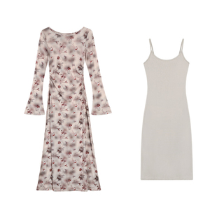 pusumede 典雅法式 玫瑰印花连衣裙女喇叭袖设计感收腰气质长裙