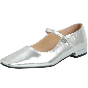 原野Yuanye●月落星沉！法式复古一字扣带方头浅口银色玛丽珍单鞋