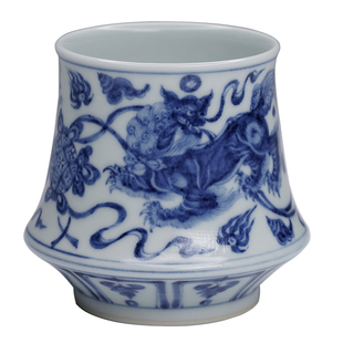 蓝本仿元 青花狮子绣球威士忌杯国潮收藏元青花瓷器