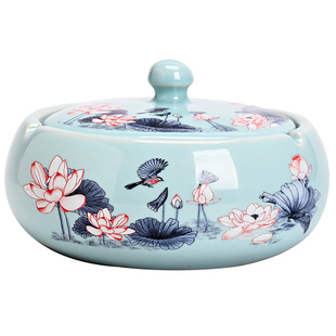 创意烟灰缸陶瓷大号家用个性潮流客厅中式防飞灰风灰尘密封带盖缸