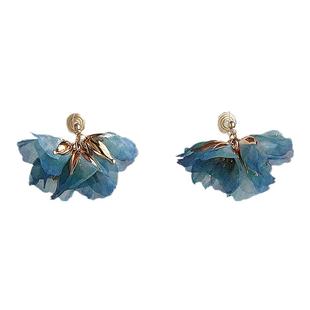 YOUR EARS原创设计蓝色花朵耳夹无耳洞仙女气质长款耳饰耳线耳挂