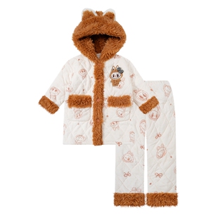 拉布布睡衣女款冬季三层夹棉袄珊瑚绒加厚浴袍套装初中生短款睡袍