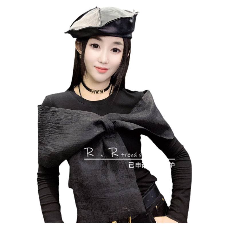 欧洲站2026春季新款设计感小众不规则网纱蝴蝶结露肩上衣T恤女