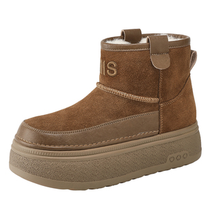 MILLIE'S/妙丽焦糖色翻毛皮短靴女冬季加绒保暖厚底切尔西靴Z