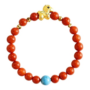 新航黄金手链足金珐琅马南红绿松石单圈手串S925猫眼珠配件送女友