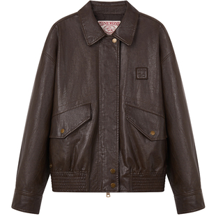 TeenieWeenie小熊女装皮衣26春季新款复古水洗仿皮革翻领保暖外套