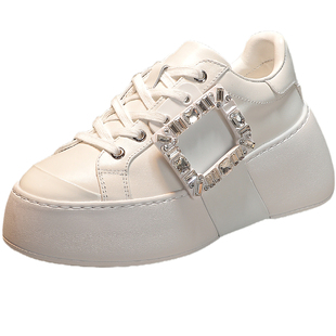 baby同款水钻方扣小白鞋女鞋真皮厚底鞋内增高10cm小个子休闲板鞋