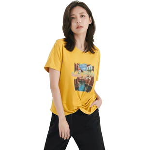 UGIZ商场同款2022夏季新品韩版女装圆领下摆打结印花T恤女UBTF903