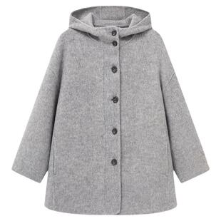 Basic House/百家好连帽短款双面呢大衣春季新款灰色宽松毛呢外套