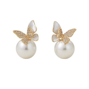 阿吉豆AJIDOU耳钉优雅珍珠蝴蝶耳钉灵动优雅耳坠法式时尚少女耳饰