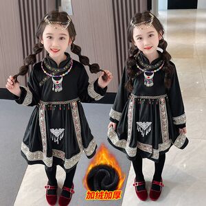 哈尼族服饰女宝宝连衣裙少数民族演出服女童加绒套装秋冬表演裙子