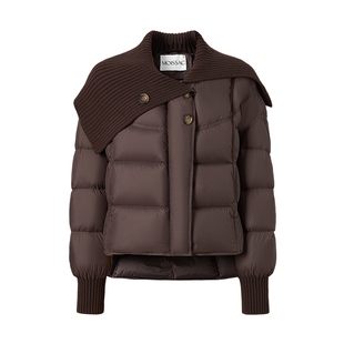 雪山白巧 摩萨克冬款休闲风针织拼接大翻领短款羽绒服女