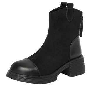 戈美其2025冬季新款后拉链增高时装女靴百搭粗跟靴短靴女绒面单靴