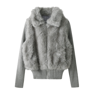 韩系针织拼接翻领环保皮草女冬装皮毛一体保暖仿狐狸毛短外套上衣