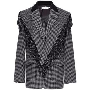 OBEG欧碧倩格纹西装式羊毛呢大衣冬装流苏披肩外套 10444103