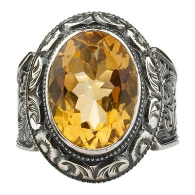 天然宝石黄水晶镶嵌纯银雕刻戒指
