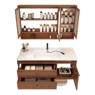 2025新款中古风胡桃木色浴室柜组合卫生间洗脸盆陶瓷一体洗手面池