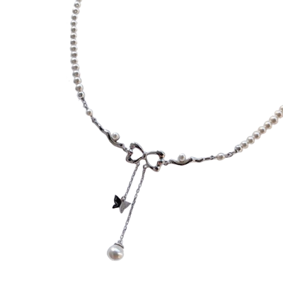 原创设计蝴蝶结珍珠流苏锁骨项链