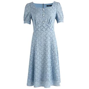 海兰丝HOT推荐夏新款法式复古短袖A字裙子气质收腰镂空蓝色连衣裙