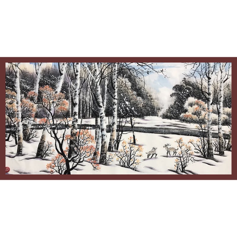 手工绘制风景画森林现代艺术画装饰画四尺山水白桦林雪景货源定制