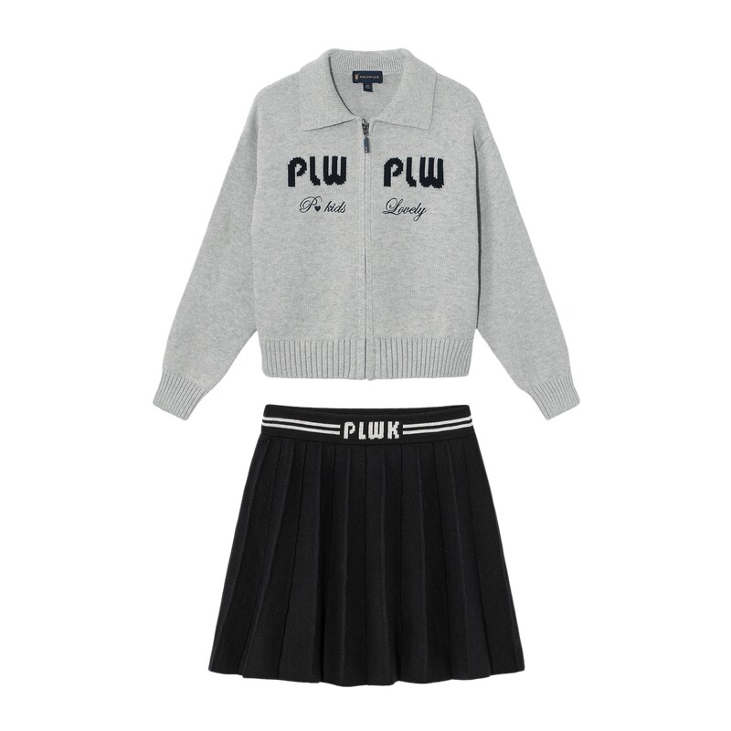 【100%棉】POLOWALK童装女童长袖套装时尚毛织翻领裙子